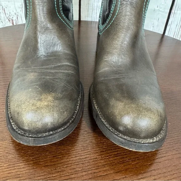 BCBG MAX AZRIA distressed Black leather blue raffia embroidery tall Boots 7 GUC